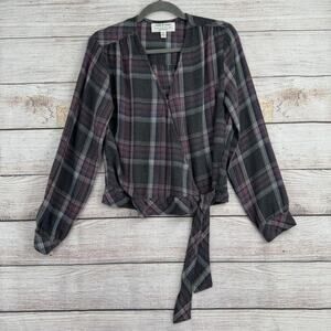Cloth & Stone Anthropologie Plaid Wrap Blouse Womens Medium Gray Pink
